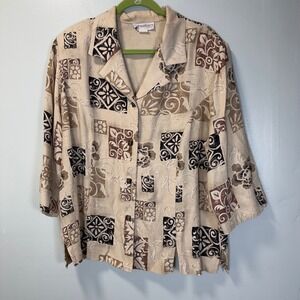 Dressbarn Woman Vintage Tan Floral Geometric Button Front Blouse Size 18W